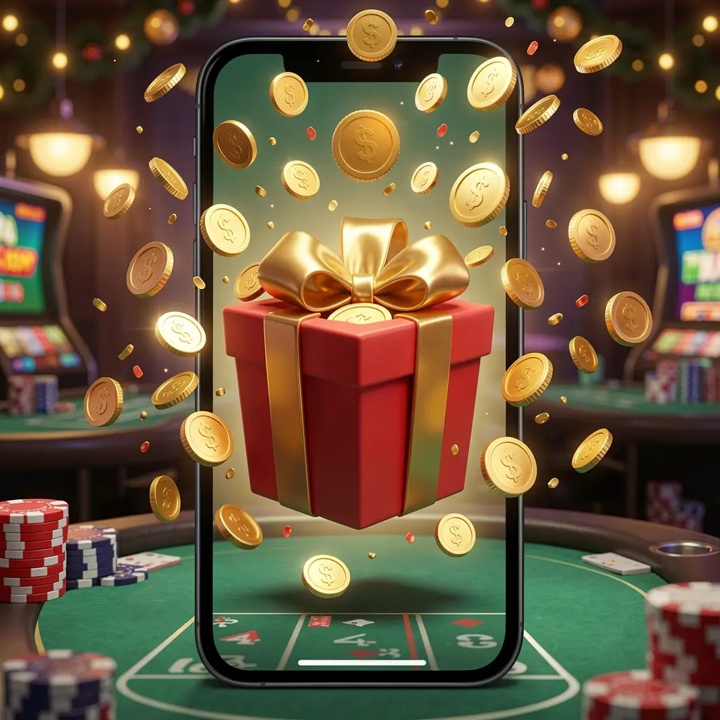 Konsep aplikasi bonus kasino seluler NK66 yang menampilkan layar ponsel dengan kotak hadiah dan koin yang menyembur keluar dalam suasana kasino yang meriah