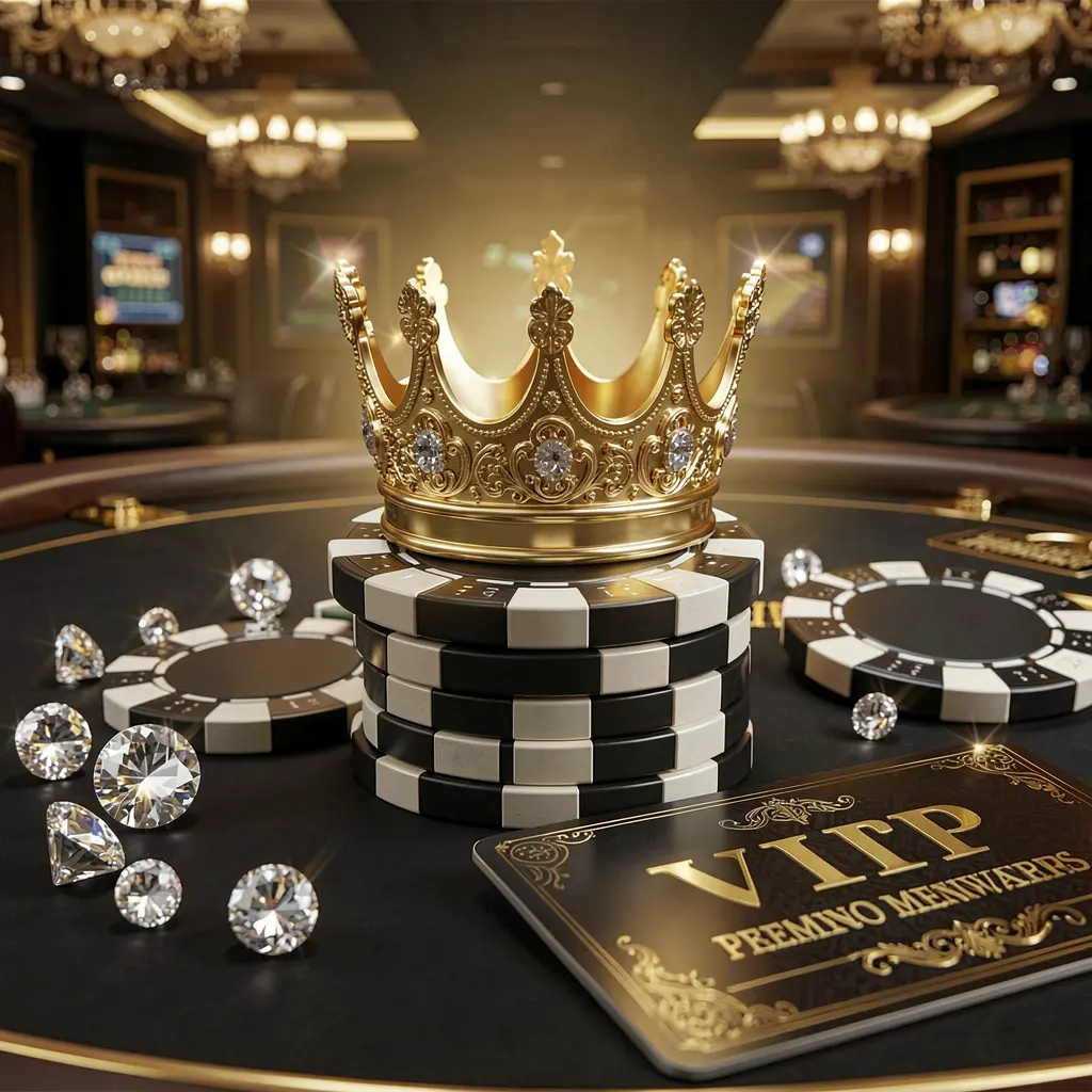 Konsep hadiah kasino VIP NK66 yang menampilkan mahkota emas elegan di atas chip poker dengan berlian berkilau dan kartu keanggotaan premium dengan latar belakang hitam dan emas mewah, menciptakan suasana kasino kelas atas yang eksklusif