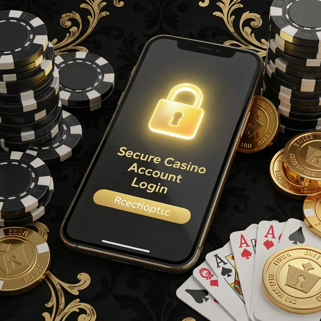 Konsep masuk akun kasino aman NK66 yang menampilkan ikon gembok bercahaya di layar ponsel pintar dengan chip poker, kartu remi, dan koin emas di dekatnya dengan latar belakang hitam dan emas yang elegan