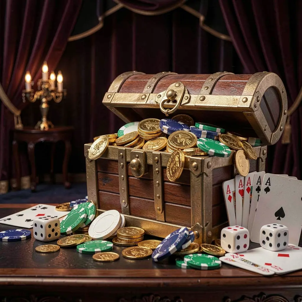 Spanduk sambutan kasino daring NK66 yang menampilkan peti harta karun berisi koin emas dan chip kasino, kartu remi dan dadu di dekatnya dengan latar belakang mewah gelap yang menciptakan suasana premium yang meriah