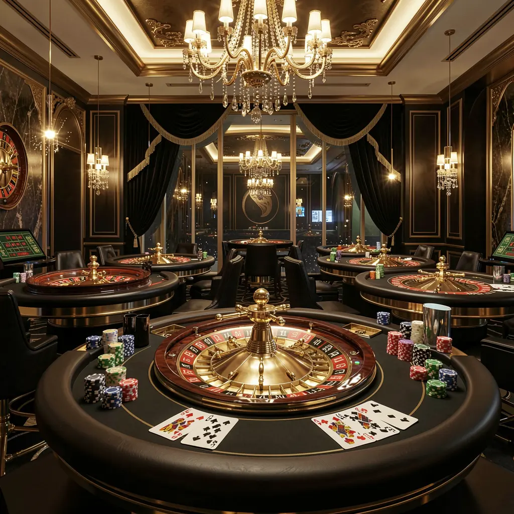Lobi kasino daring mewah NK66 dengan meja roulette bercahaya, lampu emas, chip poker, dan kartu dalam desain hitam dan emas premium